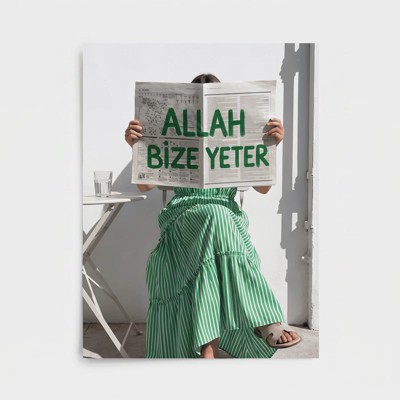 Allah Bize Yeter Poster – Gazete Temalı Modern İslami Duvar Posteri