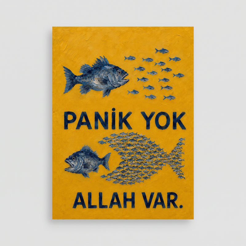 Panik Yok Allah Var Yazılı Balık İllüstrasyonlu Poster – Modern İslami Duvar Posteri